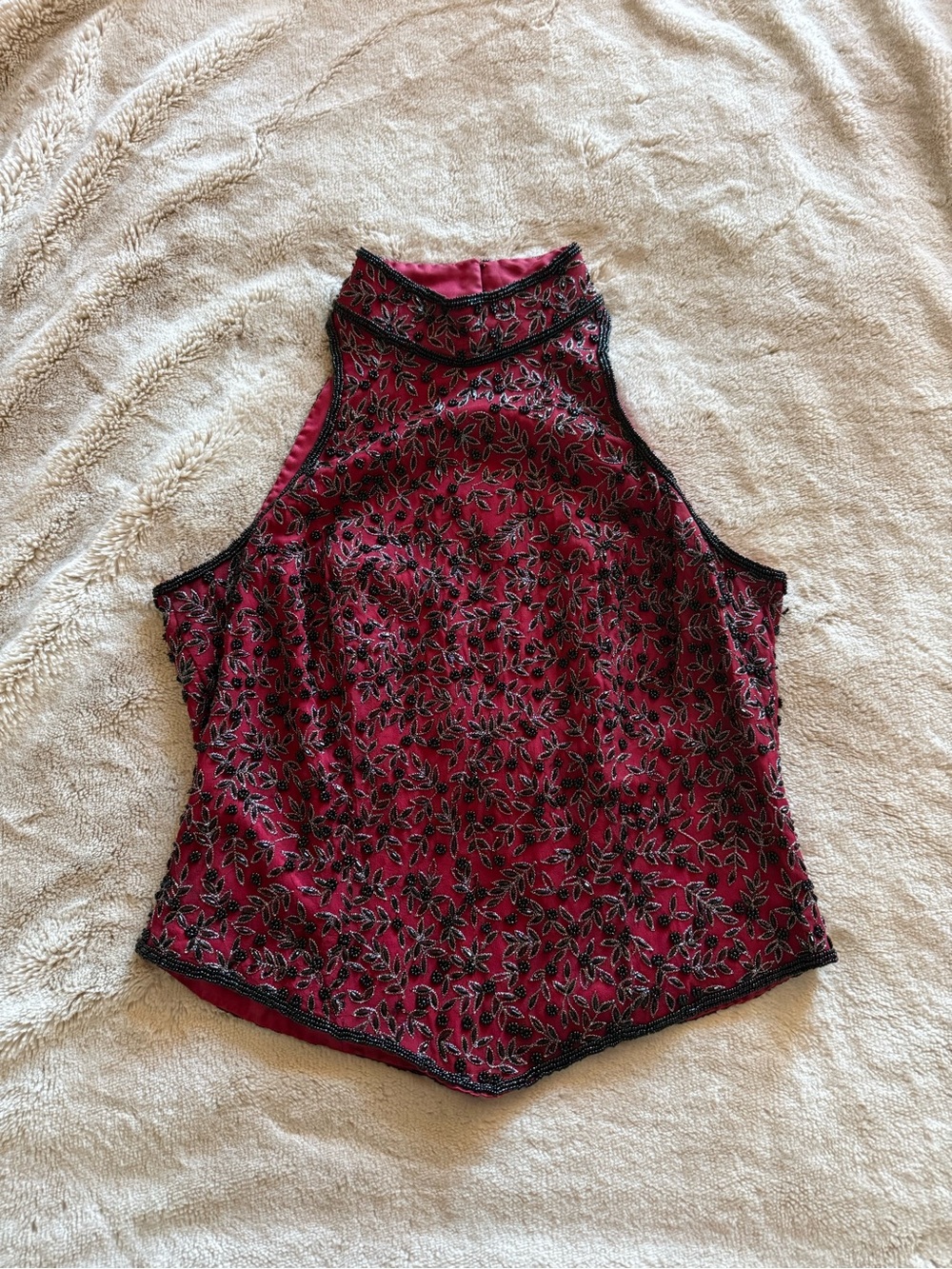 Papell Boutique evening red silk High-Neck black and silver beaded top S